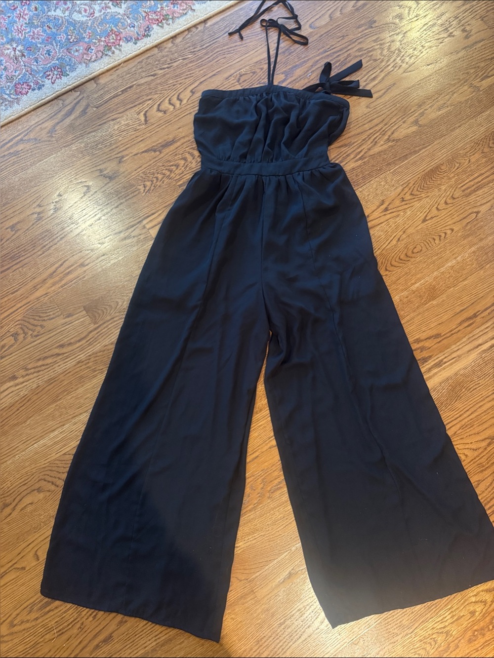 HYFVE Black Strapless Wide-Leg Jumpsuit w/ Tie Straps Flowy/Lined. Like new